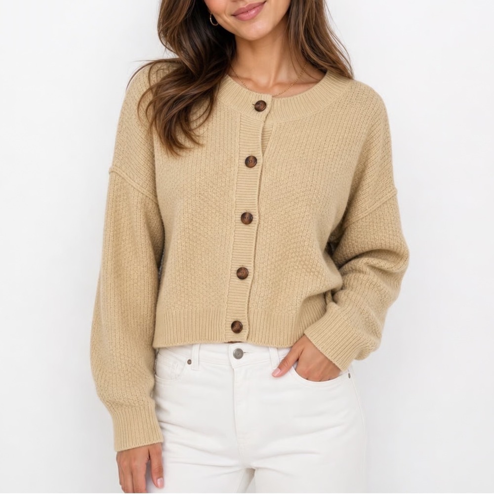 Fashion Women Yellow Textured Knit Button Front Cardigan Sweater L